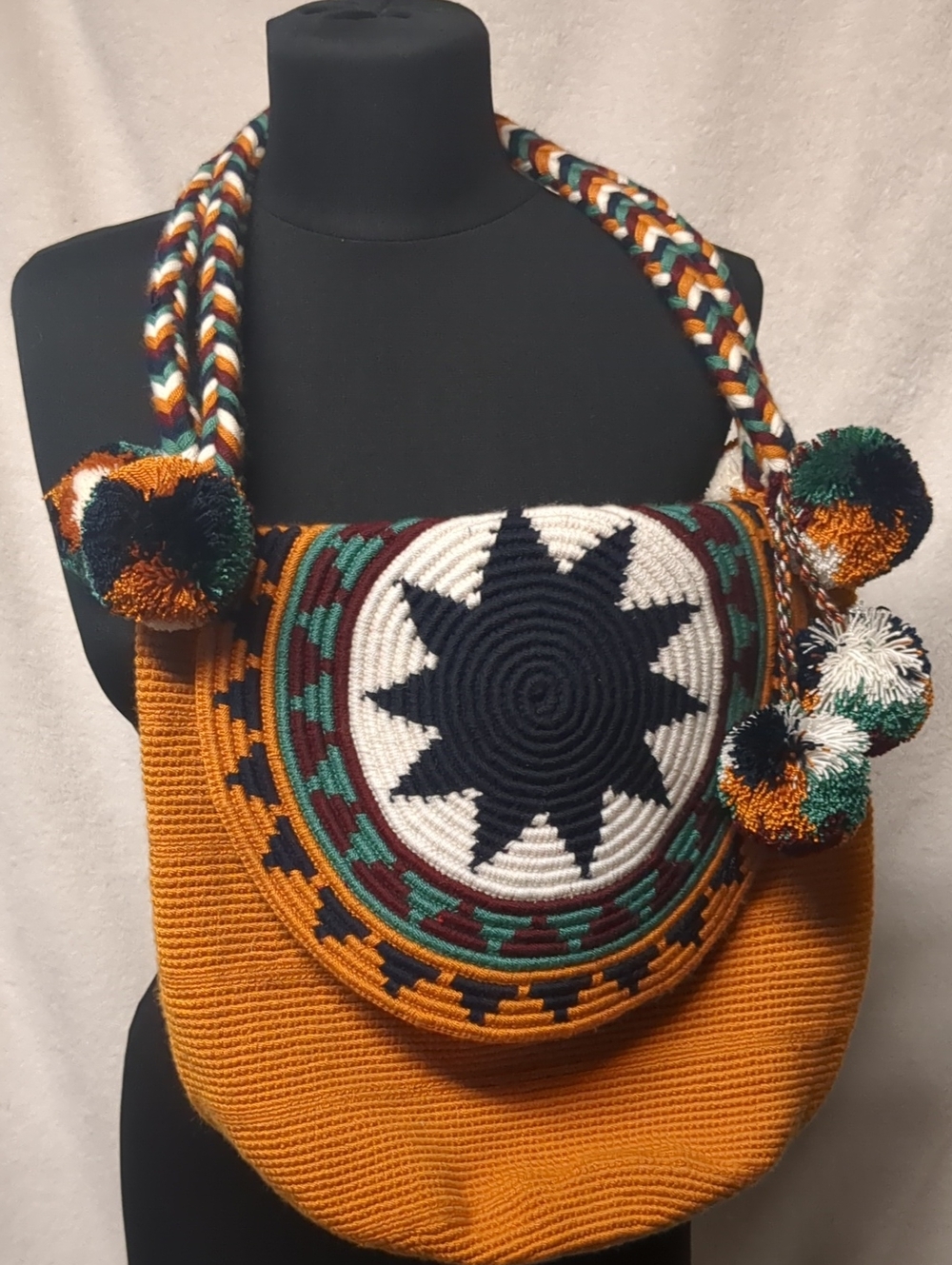 Handwoven Mustard Wayuu-Style Shoulder Bag with Star Motif
